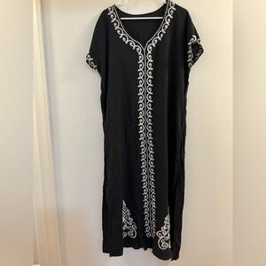 Floral Embroidered V-Neck Swimsuit Cover-Up Kaftan Dress